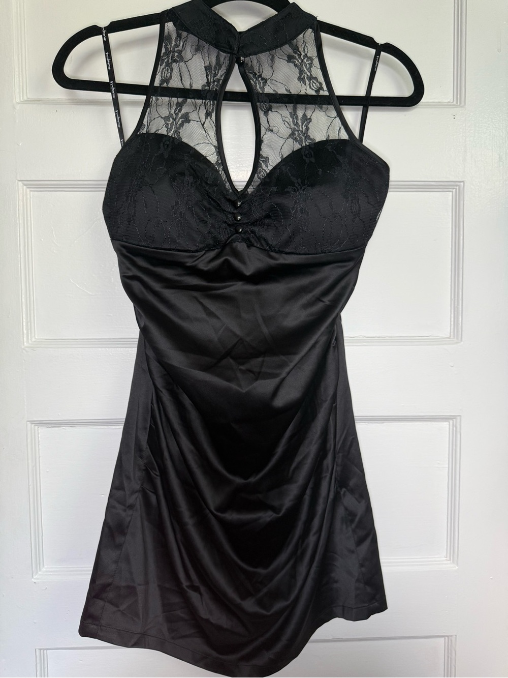 Marquis Black Lace Halter Satin Slip Dress Ruched Bodice & Keyhole Whimsigoth L